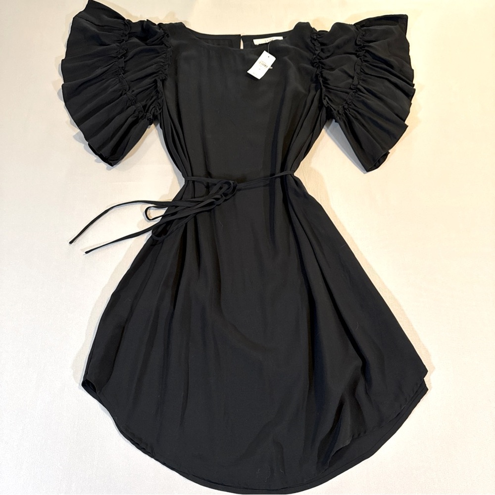 LOFT Little Black Dress Size M Tie Belted Waist Flutter Ruffles Sleeves Mini New